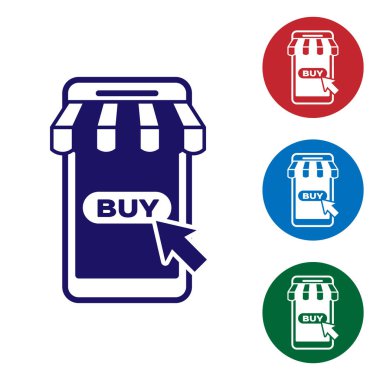 Beyaz arka plan üzerinde izole çizgili tente simgesi ile Mavi Cep telefonu ve alışveriş sepeti. Online satın alma sembolü. Süpermarket sepeti sembolü. Renk simgesini daire düğmelerinde ayarlayın. Vektör İllüstrasyonu