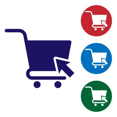 Beyaz arka planda yalıtılmış imleç simgesine sahip Mavi Alışveriş sepeti. Online satın alma konsepti. Teslimat hizmeti işareti. Süpermarket sepeti sembolü. Renk simgesini daire düğmelerinde ayarlayın. Vektör İllüstrasyonu
