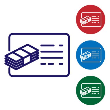 Mavi Mali belge satırı simgesi beyaz arka planda yalıtılmış. Fatura ve para simgesi. Bütçe planlama, para tasarrufu ve borç kavramı ödeme. Renk simgesini daire düğmelerinde ayarlayın. Vektör İllüstrasyonu