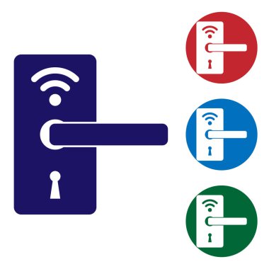 Beyaz arka planda yalıtılmış simge kilidini açmak için kablosuz teknolojiye sahip Mavi Dijital kapı kilidi. Kapı kolu işareti. Kavramın güvenlik akıllı ev. Renk simgesini daire düğmelerinde ayarlayın. Vektör İllüstrasyonu