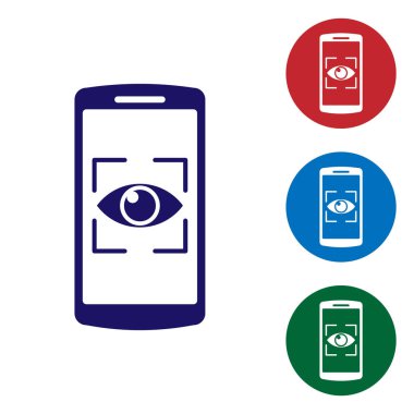 Mavi Cep telefonu ve göz tonu simgesi beyaz arka plan üzerinde izole. Tarama gözü. Güvenlik kontrolü sembolü. Siber göz işareti. Renk simgesini daire düğmelerinde ayarlayın. Vektör İllüstrasyonu