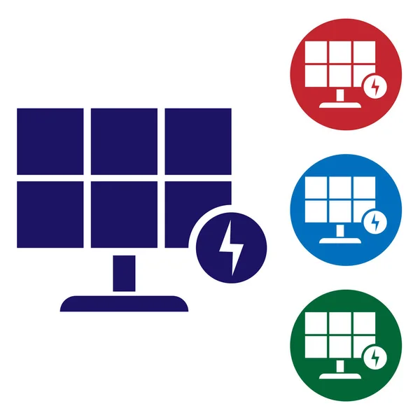 Blauwe zonne-energie paneel pictogram geïsoleerd op witte achtergrond. Stel het kleur pictogram in de cirkel knoppen in. Vector illustratie — Stockvector