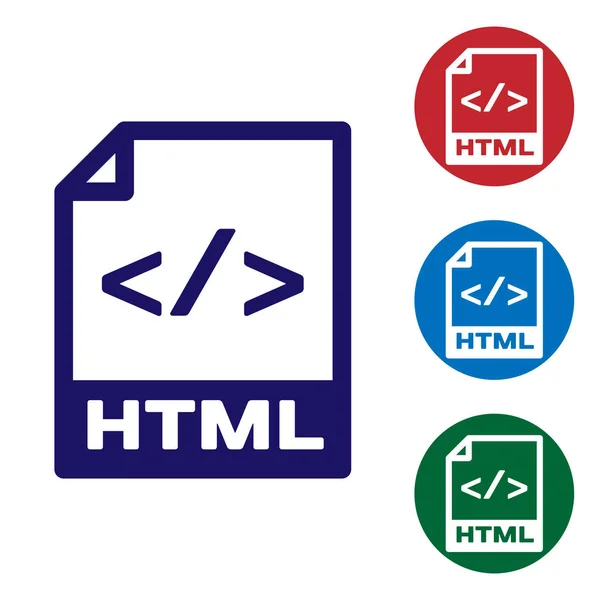 Ícone de documento de arquivo HTML azul. Baixar ícone de botão html isolado no fundo branco. Símbolo de arquivo HTML. Símbolo de linguagem de marcação. Definir ícone de cor em botões de círculo. Ilustração vetorial —  Vetores de Stock