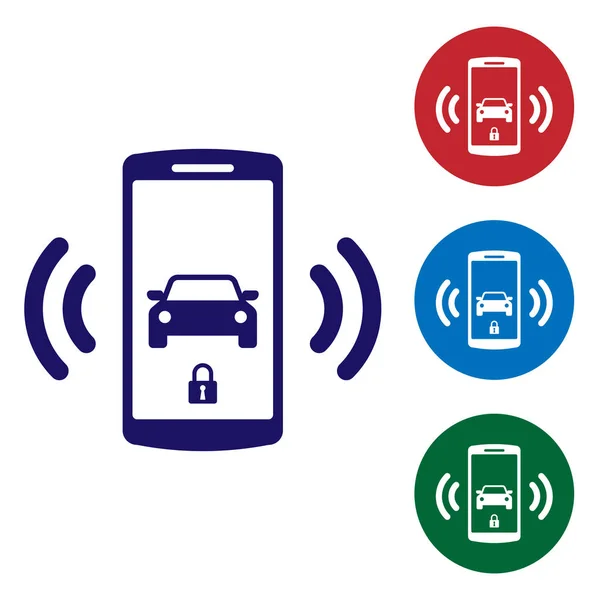 Blue Smart icono del sistema de alarma del coche aislado sobre fondo blanco. El teléfono inteligente controla la seguridad del coche en el inalámbrico. Establecer el icono de color en botones de círculo. Ilustración vectorial — Archivo Imágenes Vectoriales