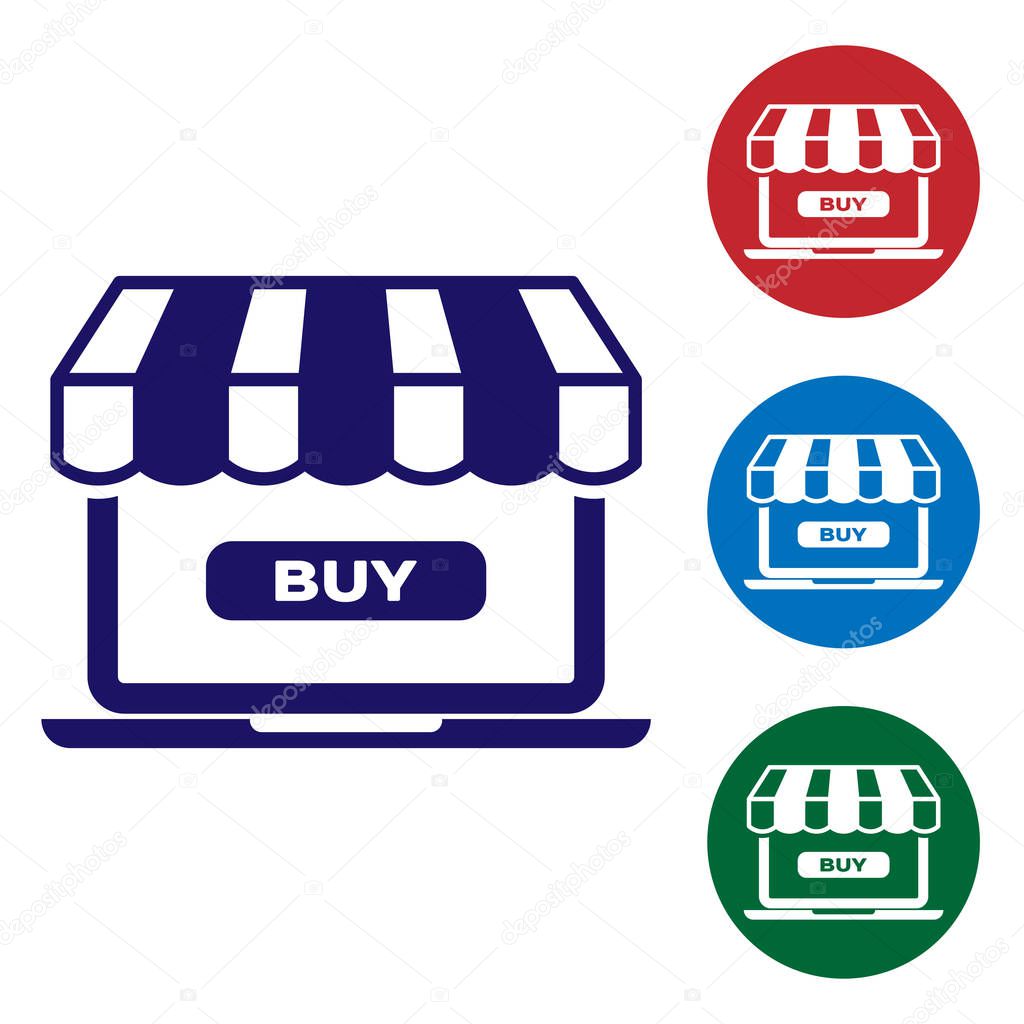 Blue Online shopping concept. Buy on screen laptop icon isolated on white background. Concept e-commerce, e-business, online business marketing. Set color icon in circle buttons. Vector Illustration