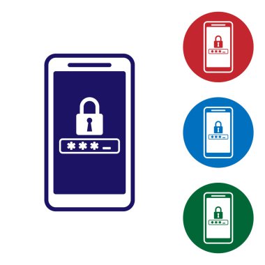 Mavi Cep telefonu ve parola koruma simgesi beyaz arka planda yalıtılmış. Güvenlik, güvenlik, kişisel erişim, kullanıcı izni, gizlilik. Renk simgesini daire düğmelerinde ayarlayın. Vektör İllüstrasyonu