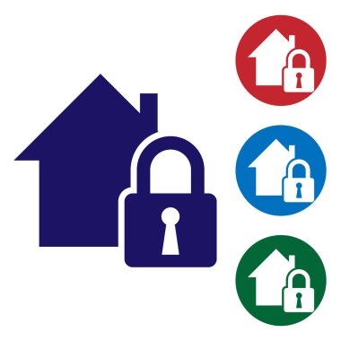 Mavi Saray koruma simgesi altında beyaz arka plan üzerinde izole. Eve ve kilitle. Koruma, güvenlik, güvenlik, koruma, savunma konsepti. Renk simgesini daire düğmelerinde ayarlayın. Vektör İllüstrasyonu