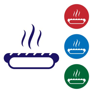 Beyaz arka plan üzerinde izole hardal simgesi ile Mavi Hotdog sandviç. Sosis simgesi. Fast food işareti. Renk simgesini daire düğmelerinde ayarlayın. Vektör İllüstrasyonu