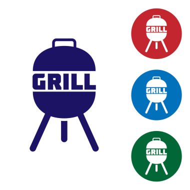 Mavi Barbekü ızgara simgesi beyaz arka plan üzerinde izole. Barbekü ızgara partisi. Renk simgesini daire düğmelerinde ayarlayın. Vektör İllüstrasyonu