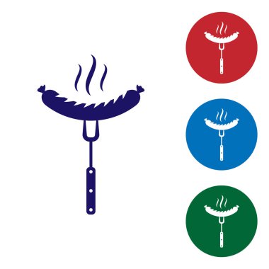 Beyaz arka plan üzerinde izole buhar simgesi ile çatal üzerinde Mavi Sosis. Izgara sosis ve aroma işareti. Renk simgesini daire düğmelerinde ayarlayın. Vektör İllüstrasyonu