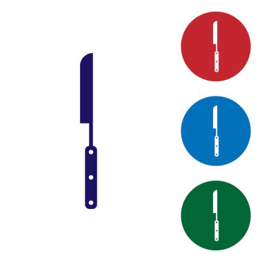 Mavi Barbekü bıçak simgesi beyaz arka plan üzerinde izole. Mutfak bıçağı simgesi. Barbekü bıçak işareti. Barbekü ve ızgara aracı. Renk simgesini daire düğmelerinde ayarlayın. Vektör İllüstrasyonu