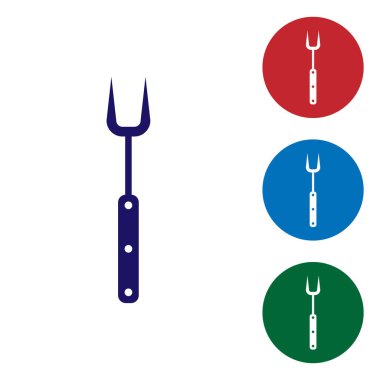 Mavi Barbekü çatal simgesi beyaz arka plan üzerinde izole. Barbekü çatal işareti. Barbekü ve ızgara aracı. Renk simgesini daire düğmelerinde ayarlayın. Vektör İllüstrasyonu
