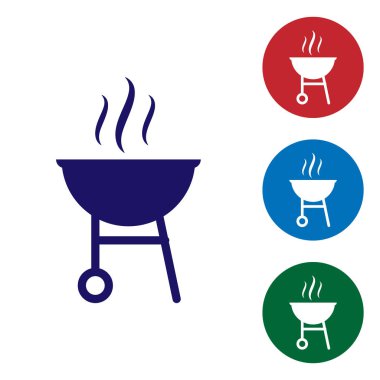 Mavi Barbekü ızgara simgesi beyaz arka plan üzerinde izole. Barbekü ızgara partisi. Renk simgesini daire düğmelerinde ayarlayın. Vektör İllüstrasyonu