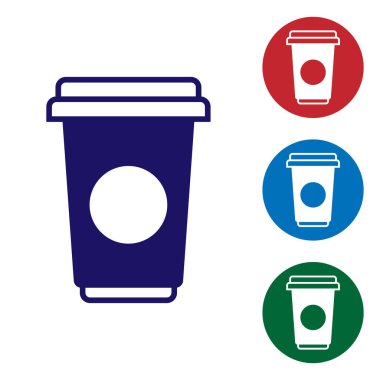 Beyaz arka plan üzerinde izole mavi kahve fincanı simge. Tek kullanımlık kahve fincanı sıcak kahve ile. Renk simgesi daire düğmeleri ayarlayın. Vektör çizim