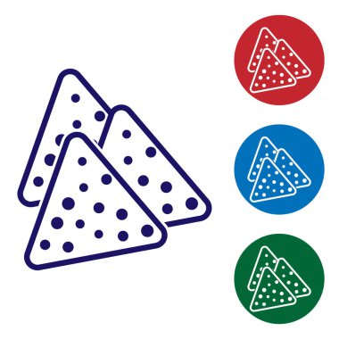 Mavi Nachos simgesi beyaz arka plan üzerinde izole. Tortilla cipsi veya nachos tortilla. Geleneksel Meksika fast food'u. Renk simgesini daire düğmelerinde ayarlayın. Vektör İllüstrasyonu