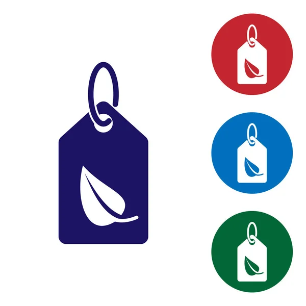 Etiqueta azul com ícone de símbolo de folha isolado no fundo branco. Banner, etiqueta, etiqueta, logotipo, adesivo para verde eco. Definir ícone de cor em botões de círculo. Ilustração vetorial — Vetor de Stock