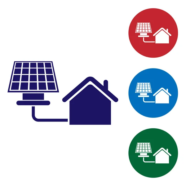 Blue House with solar panel icon isolated on white background. Ecology, solar renewable energy. Eco-friendly house. Environmental Protection. Set color icon in circle buttons. Vector Illustration — Stock Vector