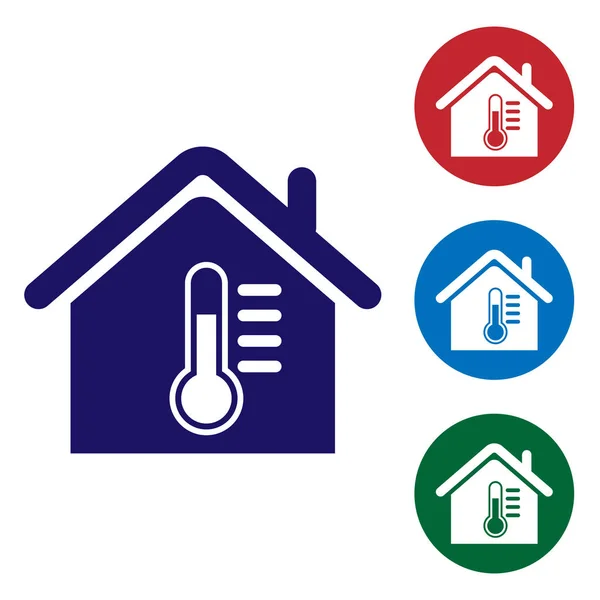 Blaues Haus Temperatur Symbol isoliert auf weißem Hintergrund. Thermometer-Symbol. setzen Farbsymbol in Kreis-Tasten. Vektorillustration — Stockvektor