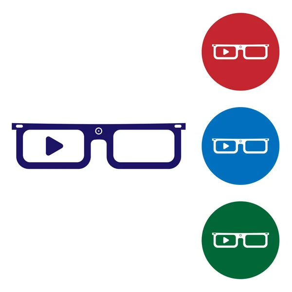 Blaue Smart-Brille auf Brillensymbol auf weißem Hintergrund montiert. tragbare Elektronik-Smart-Brille mit Kamera und Display. setzen Farbsymbol in Kreis-Tasten. Vektorillustration — Stockvektor