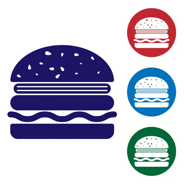 Ícone Blue Burger isolado no fundo branco. Ícone de hambúrguer. Sinal de sanduíche de hambúrguer de queijo. Definir ícone de cor em botões de círculo. Ilustração vetorial — Vetor de Stock