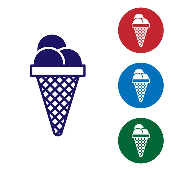 Modrá zmrzlina na ikoně Vaflové kužele izolovaná na bílém pozadí. Sladký symbol. Nastaví ikonu barvy v kolečkách. Vektorová ilustrace — Stockový vektor
