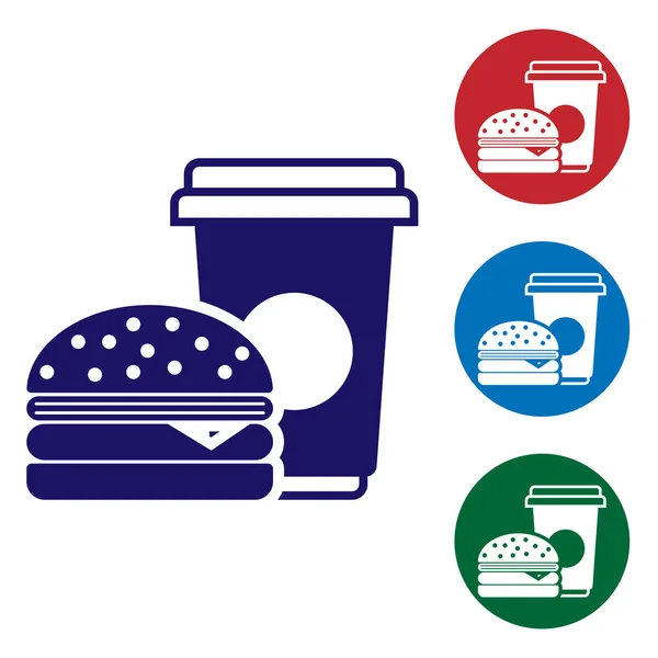 Blått kaffe och Burger Icon isolerad på vit bakgrund. Snabb mat symbol. Ställ in färg ikonen i cirkel knappar. Vektor illustration — Stock vektor
