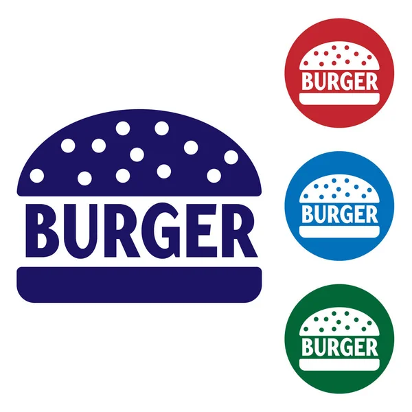 Blaues Burger-Symbol isoliert auf weißem Hintergrund. Hamburger Ikone. Cheeseburger Sandwich-Schild. setzen Farbsymbol in Kreis-Tasten. Vektorillustration — Stockvektor
