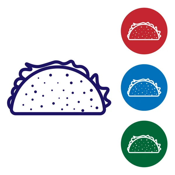 Taco bleu avec icône tortilla isolée sur fond blanc. Restauration rapide mexicaine traditionnelle. Définir l'icône de couleur dans les boutons cercle. Illustration vectorielle — Image vectorielle