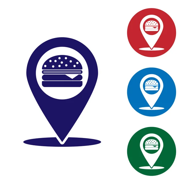 Puntatore Blue Map con icona hamburger fast food isolato su sfondo bianco. Imposta l'icona a colori nei pulsanti del cerchio. Illustrazione vettoriale — Vettoriale Stock