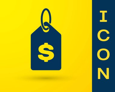 Sarı arka planda yalıtılmış dolar simgesine sahip Mavi Fiyat etiketi. Fiyat için rozet. Dolar sembolü ile satış. Promosyon etiket indirimi. Vektör İllüstrasyonu