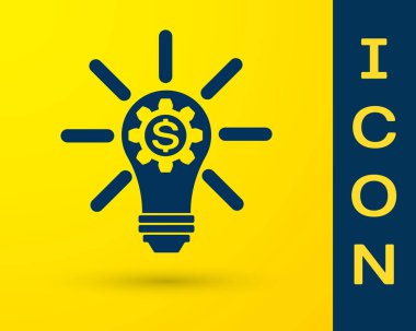 Mavi Ampul içinde dişli ve dolar sembolü simgesi sarı arka plan üzerinde izole. Fintech yenilik konsepti. Vektör İllüstrasyonu