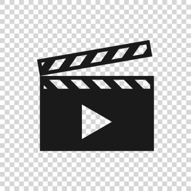 Gri Film clapper simgesi saydam arka planda yalıtılmış. Film clapper kurulu simgesi. Clapperboard işareti. Sinema üretimi veya medya endüstrisi kavramı. Vektör İllüstrasyonu