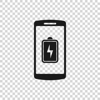 Gri Smartphone pil şarj simgesi saydam arka planda yalıtılmış. Pil şarjı düşük olan telefon. Vektör İllüstrasyonu