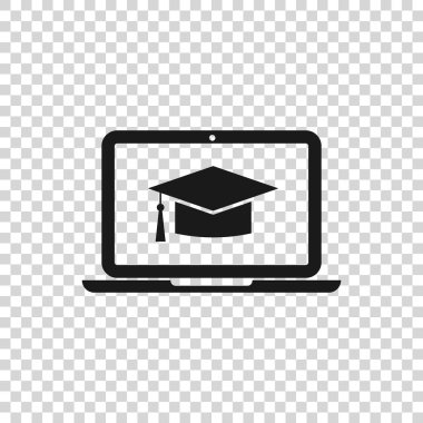 Saydam arka planda yalıtılmış ekran dizüstü bilgisayar simgesinde Gri Mezuniyet kapağı. Online öğrenme veya e-öğrenme kavramı. Vektör İllüstrasyonu