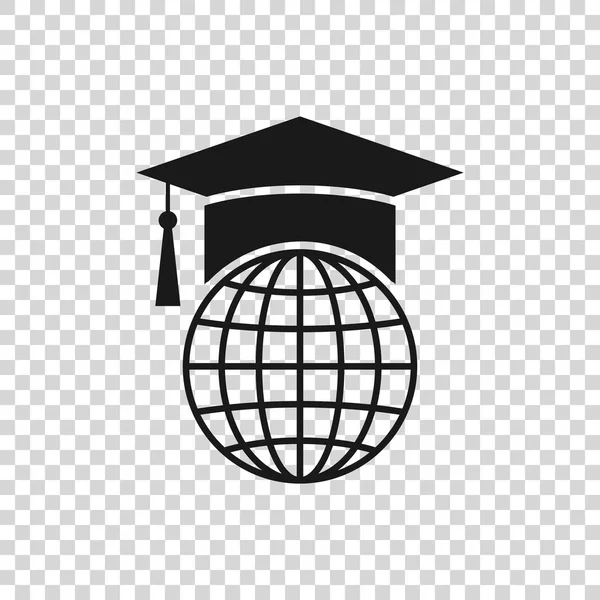 透明な背景に分離されたグローブアイコンのグレーの卒業キャップ。世界の教育シンボル。オンライン学習またはeラーニングの概念。ベクトルイラストレーション — ストックベクタ