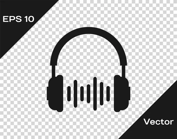 Auriculares grises e icono de ondas sonoras sobre fondo transparente. Señal de auriculares. Objeto conceptual para escuchar música, servicio, comunicación y operador. Ilustración vectorial — Vector de stock