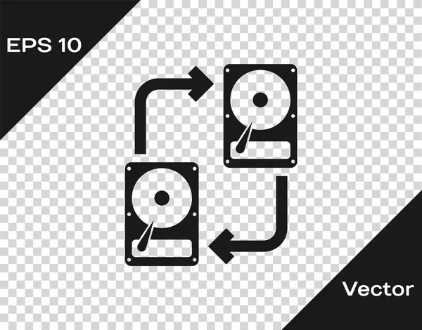 Cinza Um dispositivo de armazenamento de dados fixo disco rígido com setas, ícone de cópia de dados isolado em fundo transparente. Troca de dados com unidade de disco rígido. Sinal de transferência. Ilustração vetorial — Vetor de Stock