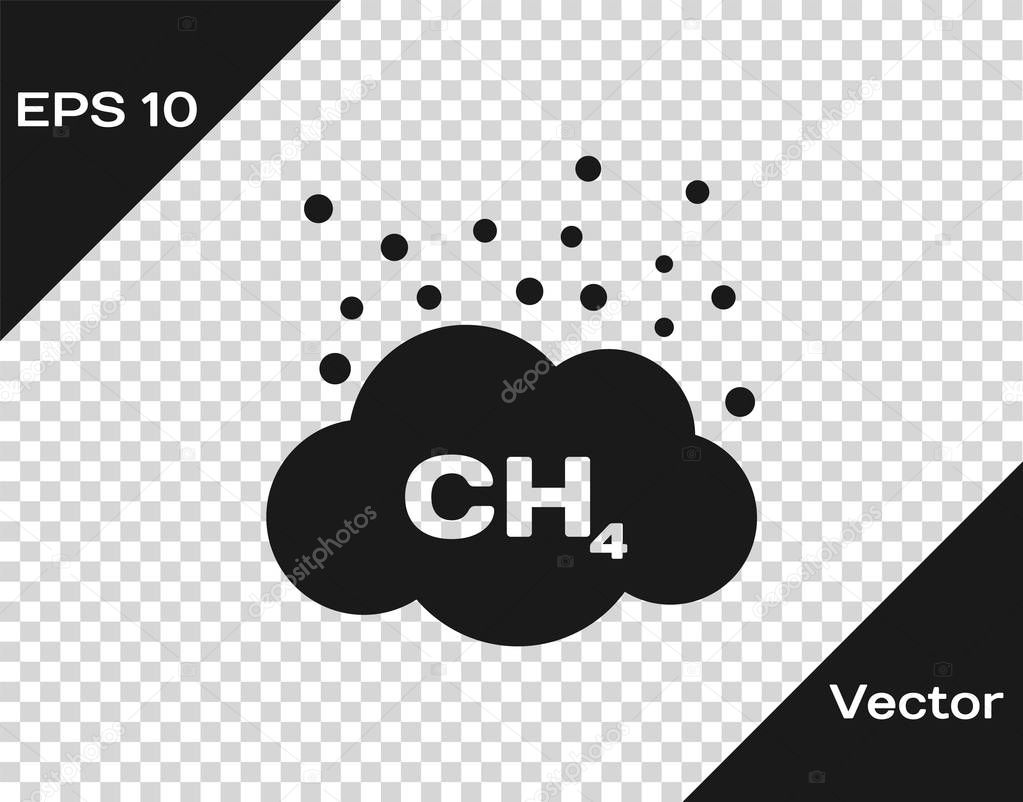 Grey Methane emissions reduction icon isolated on transparent background. CH4 molecule model and chemical formula. Marsh gas. Natural gas. Vector Illustration