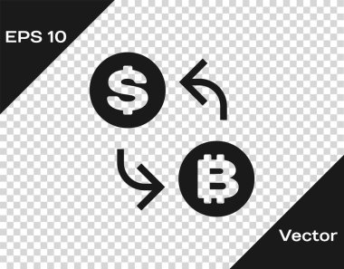 Saydam arka planda yalıtılmış Gri Cryptocurrency döviz simgesi. Bitcoin'den dolar bozdurma simgesine. Kripto para teknolojisi, mobil bankacılık. Vektör İllüstrasyonu