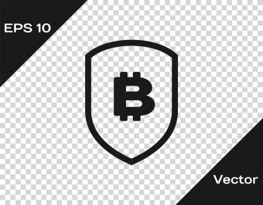 Şeffaf arka planda izole edilmiş bitcoin simgesine sahip Gri Kalkan. Kripto para madenciliği, blockchain teknolojisi, bitcoin, güvenlik, koruma, dijital para. Vektör İllüstrasyonu