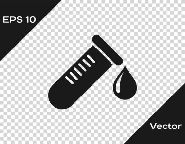 Gri Test tüpü veya şeffaf arka plan üzerinde izole kan simgesi damla ile şişe. Laboratuvar, kimyasal, bilimsel cam işareti. Vektör İllüstrasyonu