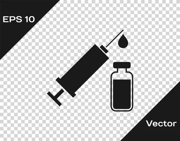 Grey Medical syringe with needle and vial or ampoule icon isolated on transparent background. Vaccination, injection, vaccine, insulin concept. Vector Illustration — Stock Vector