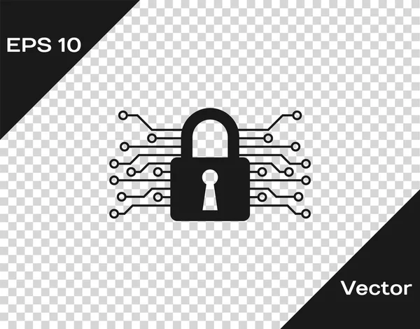 Grey Cyber security icon isolated on transparent background. Closed padlock on digital circuit board. Safety concept. Digital data protection. Vector Illustration — Stock Vector