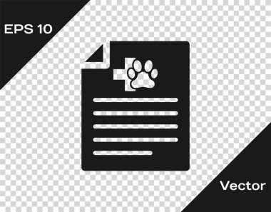 Şeffaf arka planda izole edilmiş köpek veya kedi simgesiyle seyahat için Gri Tıbbi sertifika. Evcil hayvan için belge. Köpek ya da kedi pençesi izi. Vektör İllüstrasyonu