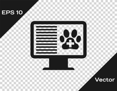 Gri Tıbbi klinik kayıt pet monitör simgesi şeffaf arka plan üzerinde izole. Sağlık sigortası formu. Reçete, tıbbi kontrol izleri raporu. Vektör İllüstrasyonu