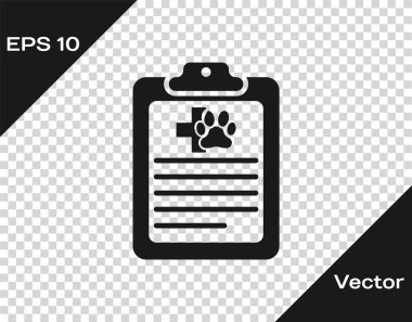 Şeffaf arka planda izole tıbbi klinik kayıt pet simgesi ile Gri Pano. Sağlık sigortası formu. Tıbbi kontrol işaretleri raporu. Vektör İllüstrasyonu