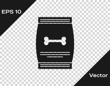 Şeffaf arka plan üzerinde izole evcil hayvan simgesi için gıda Gri Çanta. Hayvanlar için yiyecek. Köpek kemiği işareti. Evcil hayvan yiyecek paketi. Vektör İllüstrasyonu