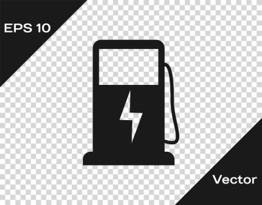 Gri Elektrikli araba şarj istasyonu simgesi şeffaf arka plan üzerinde izole. Eko elektrikli yakıt pompası işareti. Vektör İllüstrasyonu