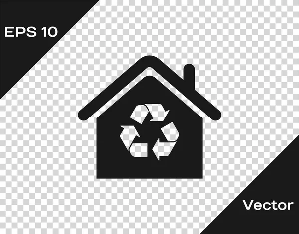 Graues Öko-Haus mit Recycling-Symbol auf transparentem Hintergrund. Ökologie zu Hause mit Recycling-Pfeilen. Vektorillustration — Stockvektor