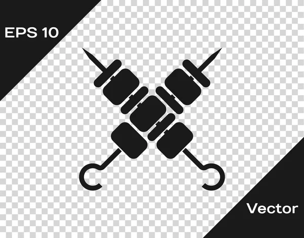 Grau gekreuzter gegrillter Schaschlik am Spieß klebt isoliert auf transparentem Hintergrund. Fleischspieße kleben an Spießen. Picknick mit Grillfleisch. Vektorillustration — Stockvektor